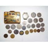 A small quantity of UK and Foreign coins also included in the lot is a yellow metal powder compact