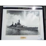 A photograph HMS Renown, mounted and framed under glass with HMS Hood hat band,