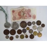 A small collection of coins, Commemorative medallions and similar.