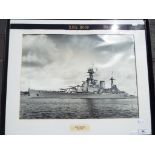 A photograph HMS Hood, mounted and framed under glass with HMS Hood hat band,