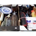 A mixed lot to include vintage glass ware, a gentleman's grooming set, a roll of hand tools,