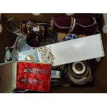 A mixed lot to include silver plated trays, Denby ceramics, glassware, Stuart Crystal,