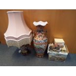 Lot to include a large oriental vase, table lamp with shade and two boxed David Winter cottages.