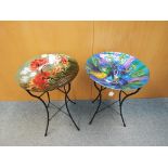 Two decorative glass bowls on stands, the first depicting peacocks and the other flowers,