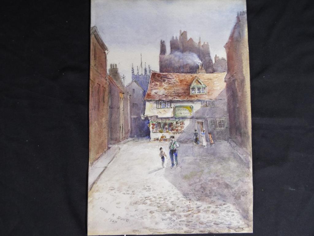 Cecil R Duke - A watercolour depicting a street scene, signed lower left by the artist, dated 1907,