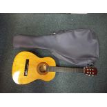 An acoustic guitar in carry case.