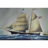 A print depicting a sailing ship with the name of the ship Mary A Davies, unsigned,