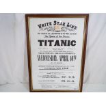 A framed print, depicting a White Star Line Titanic poster, approximately 57 cm x 39 cm.