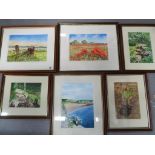 Six watercolours mounted and framed under glass, varying images sizes,