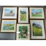 Six watercolours mounted and framed under glass, varying images sizes,