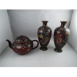 A pair of cloisonne vases approximately 16 cm (h) and a similar teapot (3) condition: Teapot lid