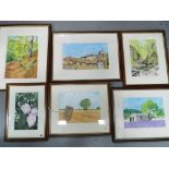 Six watercolours mounted and framed under glass, varying images sizes,