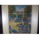 A good quality fine stitched tapestry depicting a flower garden with fountain,
