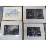 Three prints mounted and framed under glass of varying image sizes and a watercolour mounted and