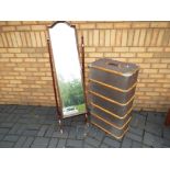 A mahogany framed cheval mirror and a large shipping trunk with wood banding [2]