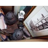 A mixed lot to include vintage prints, ceramics, two outdoor lanterns,