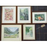 Five watercolours, mounted and framed under glass, varying image sizes,