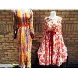 Vintage Clothing - heavily patterned round neck high waist fully lined dress in orange and brown,