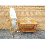 A floor standing cheval mirror and a pine wash stand with blue ceramic bowl,