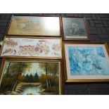 A collection of pictures to include an oil on canvas, a print and similar of varying image sizes,