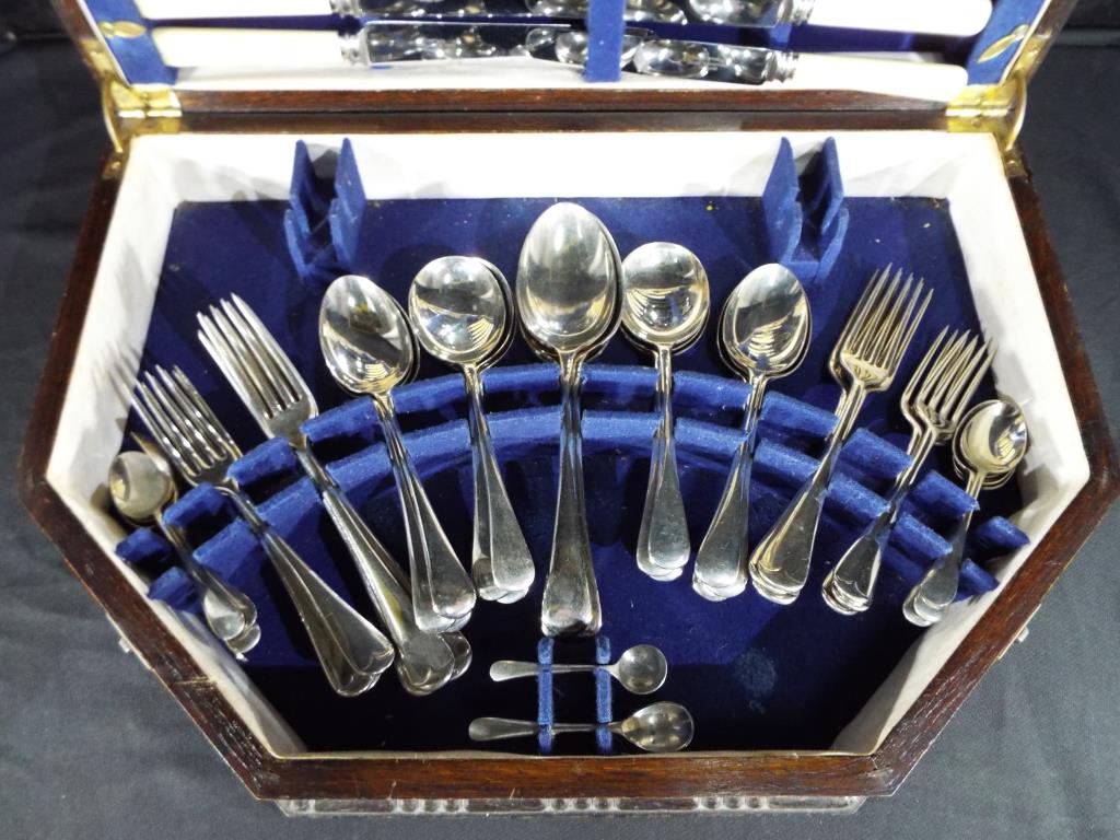 A large good quality wooden canteen of cutlery with blue interior circa 1960s comprising six dinner - Image 2 of 4