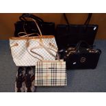 A collection of lady's handbags and a pair of fashion trainers size 5