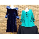 Vintage Clothing - a hand and machine made purple / blue coloured velvet peasant dress with frill