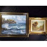 R, Thompson - an oil on canvas depicting a coastal scene, framed, signed lower right,