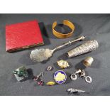 A good mixed lot to include white metal walking stick handle,