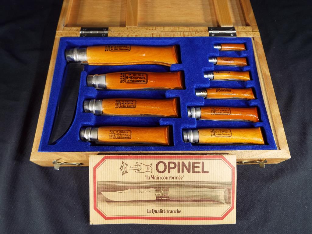 Opinel - an Opinel ten folding knife set in original wooden case comprising No 2 through to No.