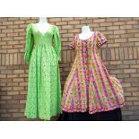 Vintage Clothing - hand machine made peasant style dress, lined green, approximate length 135 cm,