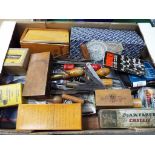 A mixed lot to include hand tools, doweling jig, boxed micro meter, band saw blades,