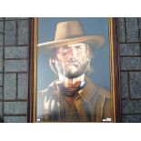 A large framed and glazed oil on velvet depicting Clint Eastwood from the movie A Fistful of