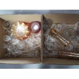 Two boxes of mixed glassware to include drinking glasses, vases,