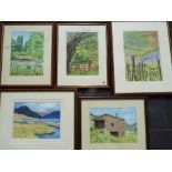 Five watercolours, mounted and framed un