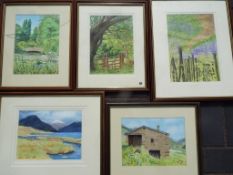 Five watercolours, mounted and framed un