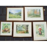 Five watercolours, mounted and framed un