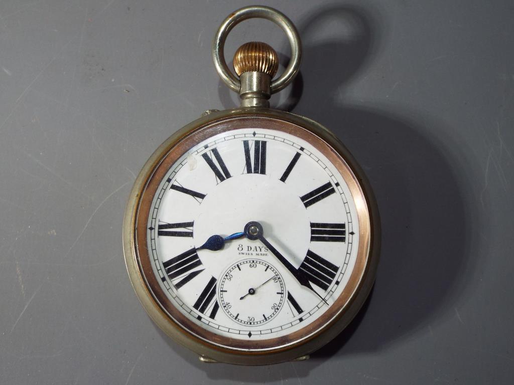 A white metal cased Goliath pocket watch, marked to the white dial 8-days, - Image 2 of 6