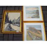 Two watercolors, depicting mounted scenes, mounted and framed under glass,