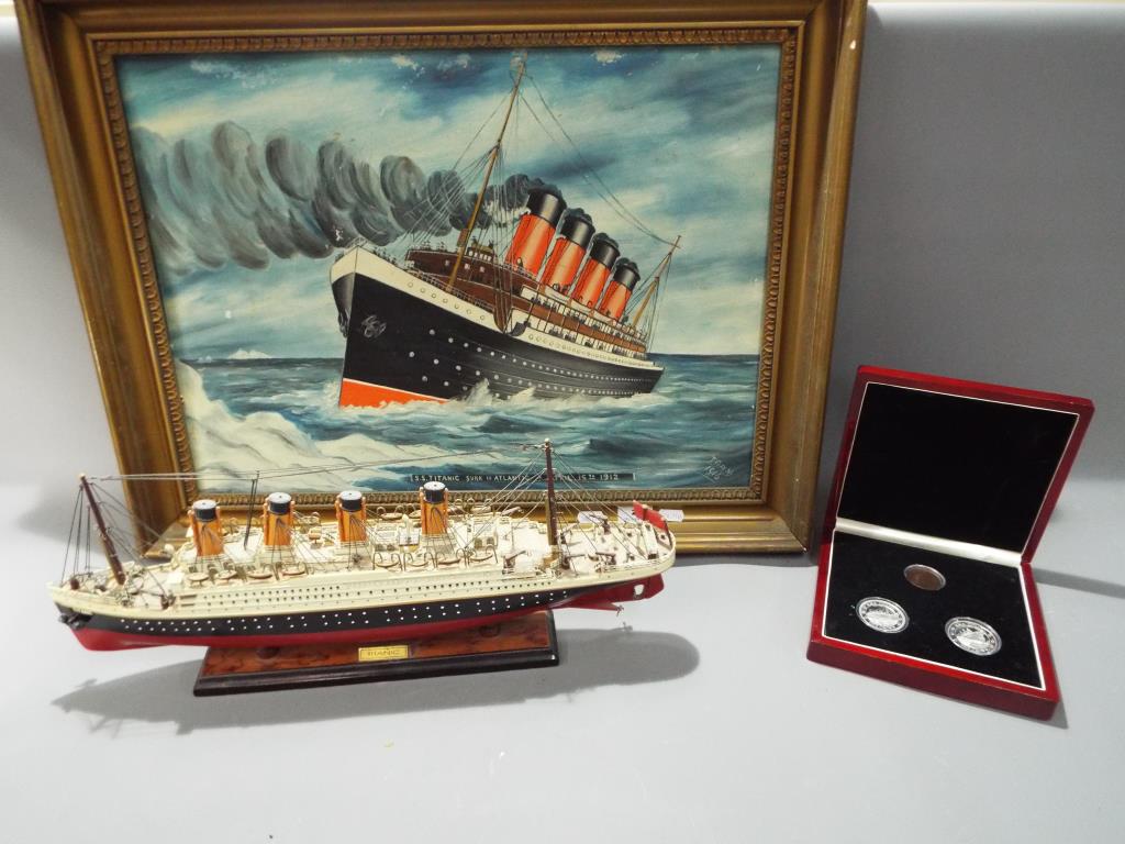 A framed oil on board, depicting the sinking of SS Titanic, signed by the artist lower right,