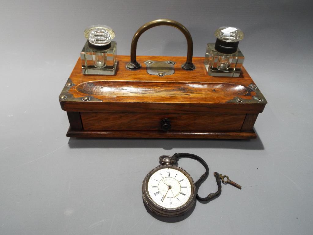 Lot to include a wood and brass desk set with two glass inkwells (lids detached) and a Victorian