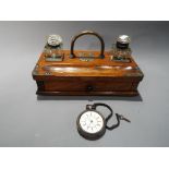 Lot to include a wood and brass desk set with two glass inkwells (lids detached) and a Victorian