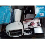 A mixed lot of household items to include kettle, iron, lights, digital radio,