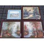 Three framed oils on canvas depicting landscape scenes, two by M Scott,