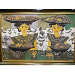A framed Indonesian picture on silk, approximately 58 cm x 91 cm.