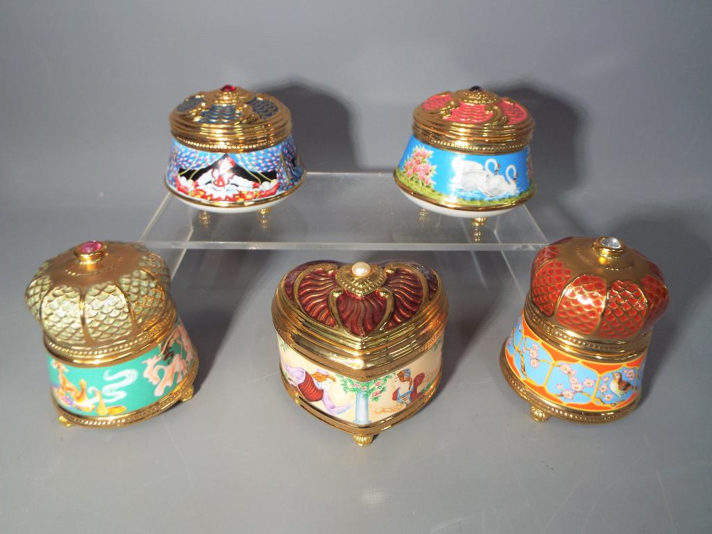 Franklin Mint - five ceramic Franklin Mint musical lidded trinket boxes to include Nightingale,