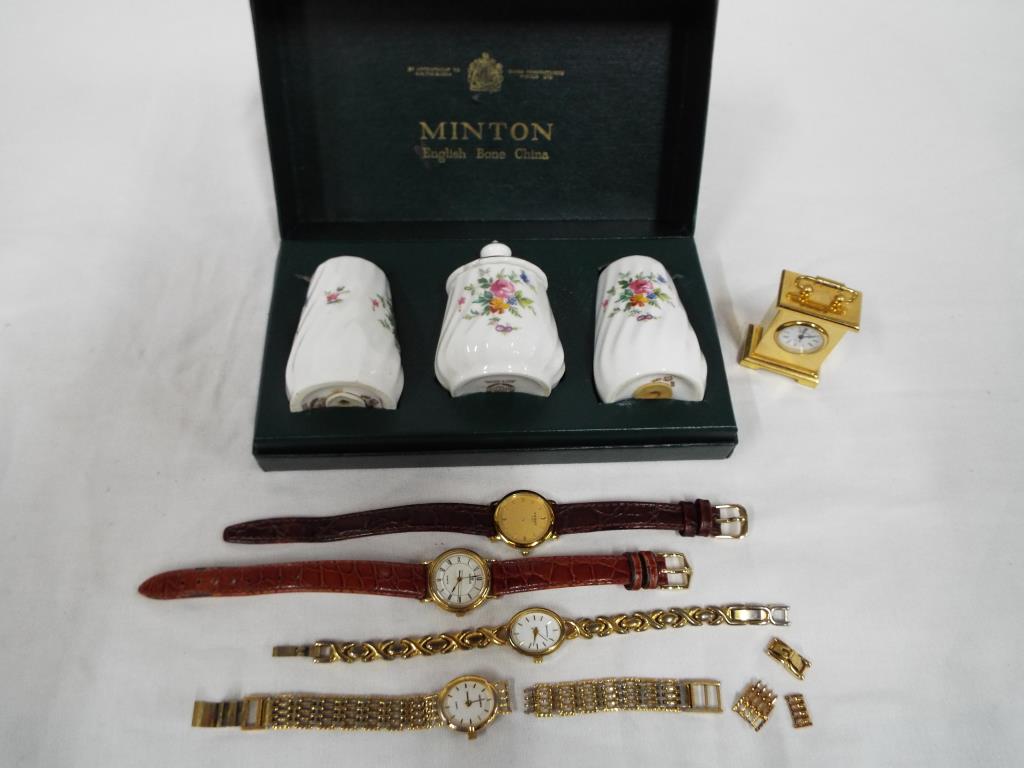 Minton - a three-piece Minton condiment set in original box, four wristwatches to include Sekonda,