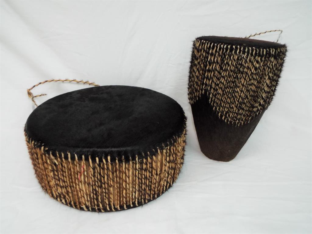 Two African animal skin drums (2)