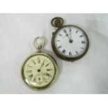 Two pocket watches, the first a white metal cased example, Roman numerals to the dial,