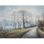 J Gibson - an oil on board depicting rural scene, framed approximate image size 61 cm x 90 cm,